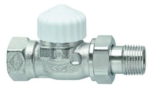 Thermostat-Ventilunterteil aus verchromtem Metall mit weißem Reglerkopf, hergestellt von IMI Hydronic Engineering, mit einem Anschluss für Rohrverbindung.